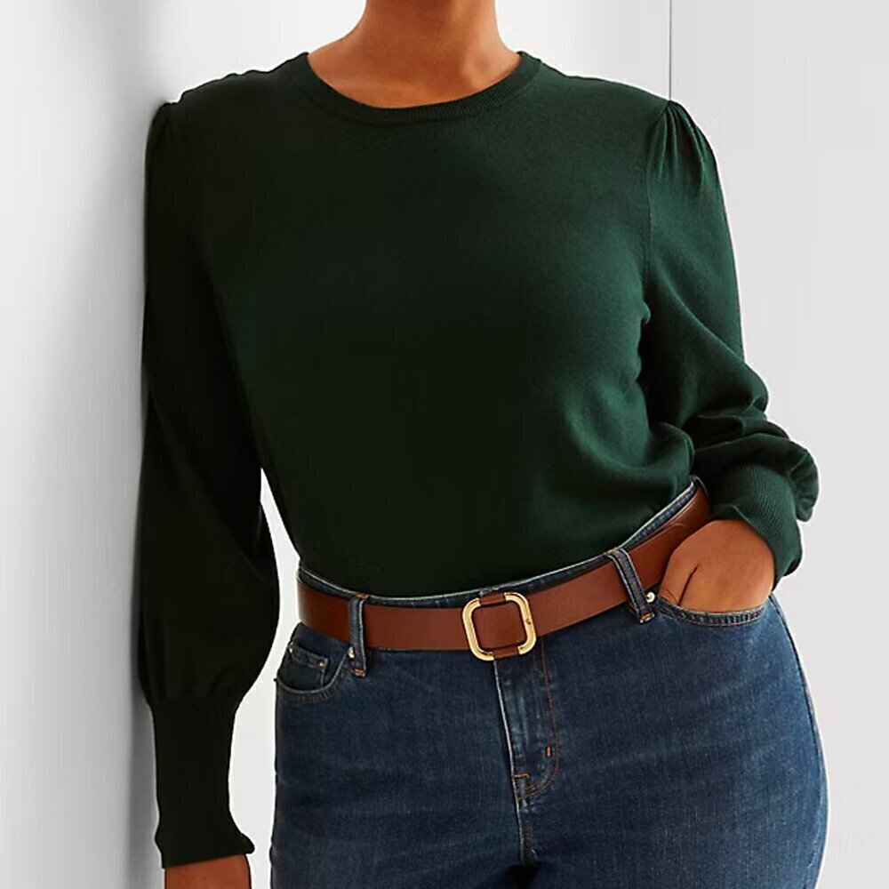 NEW Ralph Lauren Size 2X Cotton Blend Sweater Solid Green Puff Sleeves Crew Neck